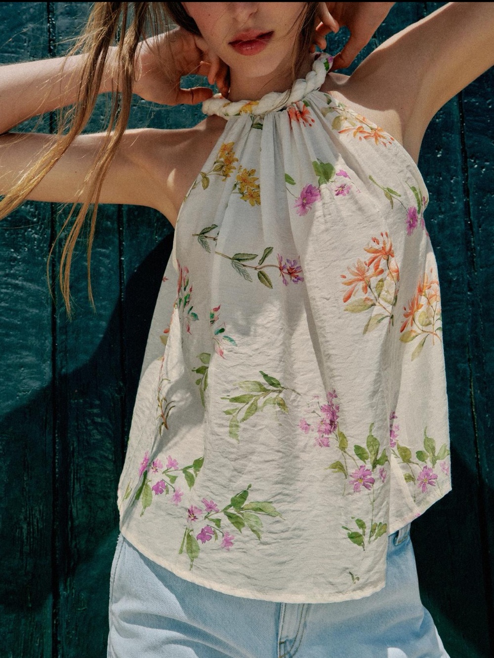 Zara Cream Floral Halter Scarf Top - Pink, Orange, Green - Picture 6 of 10